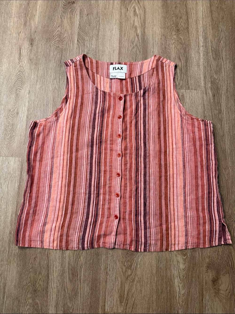 FLAX 100% Linen Button Front Tank Top Women’s Large Pink Coral Striped